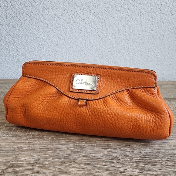 COLE HAAN Orange Pebble Leather Clutch Purse - Picture 1 of 12